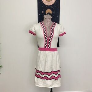 Milly Zig Zag Stripe V-Neck Sweater Dress Elastic Cuff Size S White